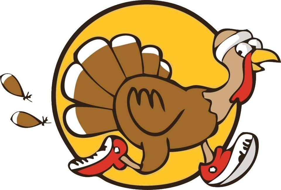 Cartoon turkey running in sneakers with feathers flying, wearing a headband against a yellow circle background.