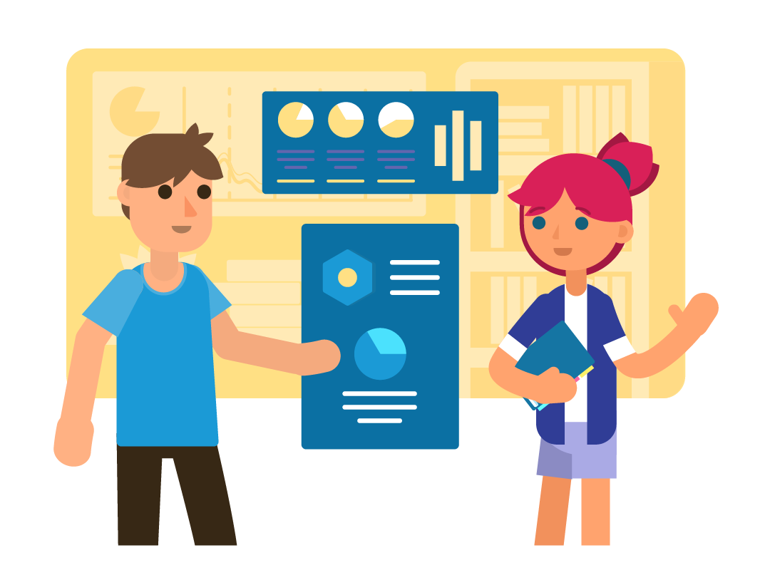 Two professionals presenting data dashboards with charts and analytics on screens.