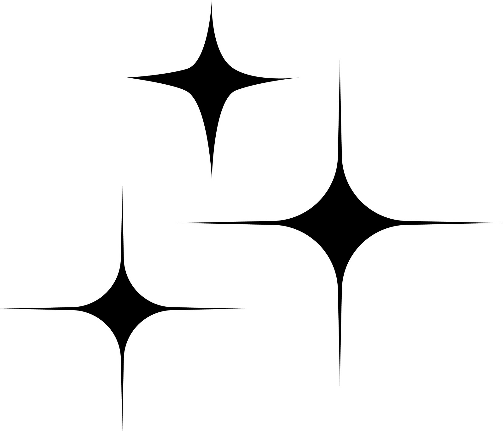 Three black stylized starburst shapes on a white background, arranged diagonally with varying sizes and sharp points.