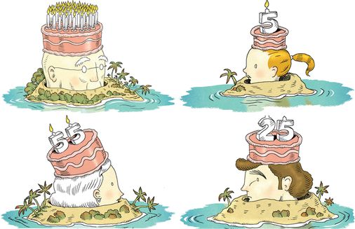 Four illustrated island scenes with cake-topped heads showing ages 1, 5, 55, and 25 in whimsical birthday themes.