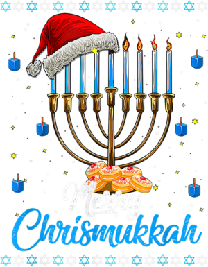 Festive menorah with Santa hat, lit candles, donuts, and "Merry Chrismukkah" text on snowy background.