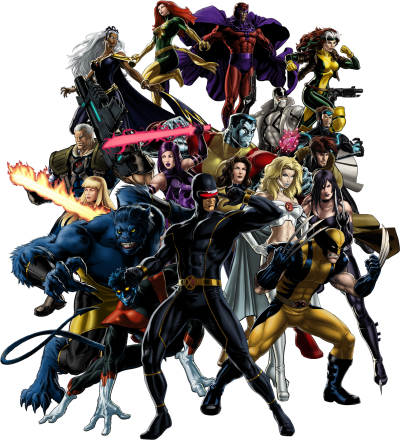 A dynamic group portrait of iconic X-Men superheroes including Wolverine, Cyclops, Storm, Jean Grey, and Professor X in action poses.