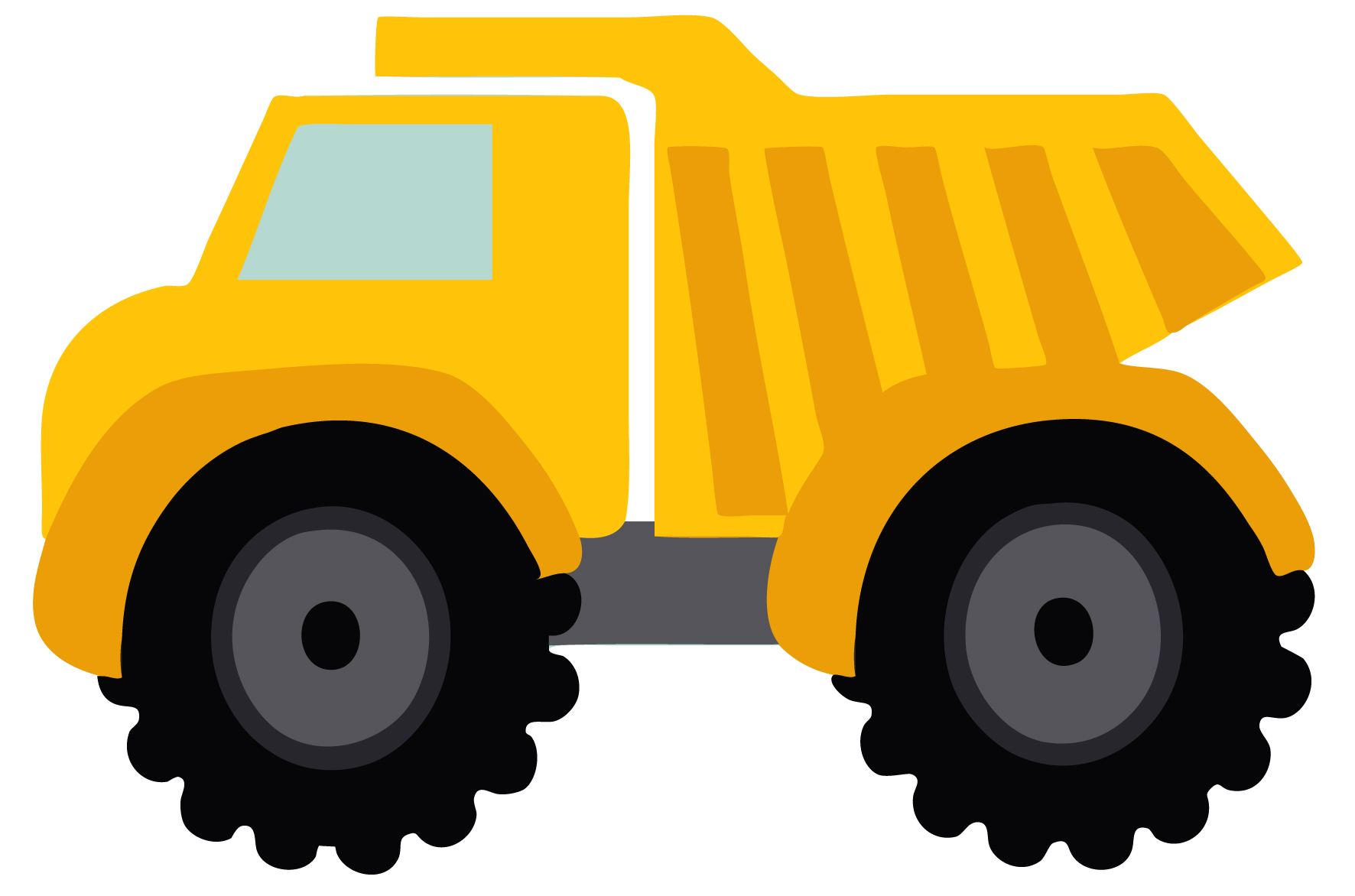 Bright yellow cartoon dump truck with large black tires and a raised dump bed, designed for children's educational or play content.