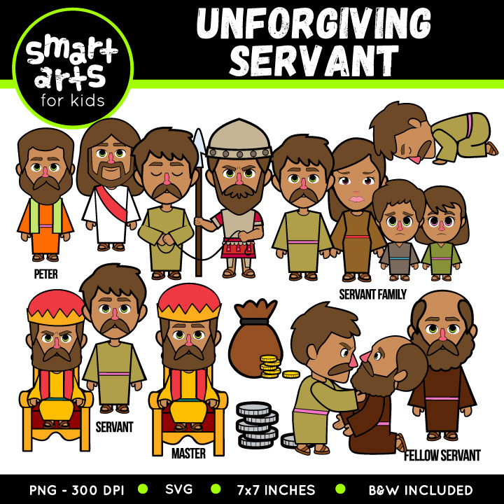 Cartoon Bible characters illustrating the Parable of the Unforgiving Servant, including Peter, master, servant, and family figures.