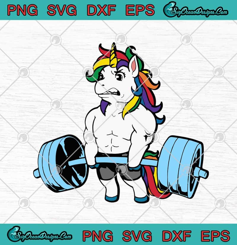 Muscular rainbow-maned unicorn lifting a barbell with intense effort, cartoon style.