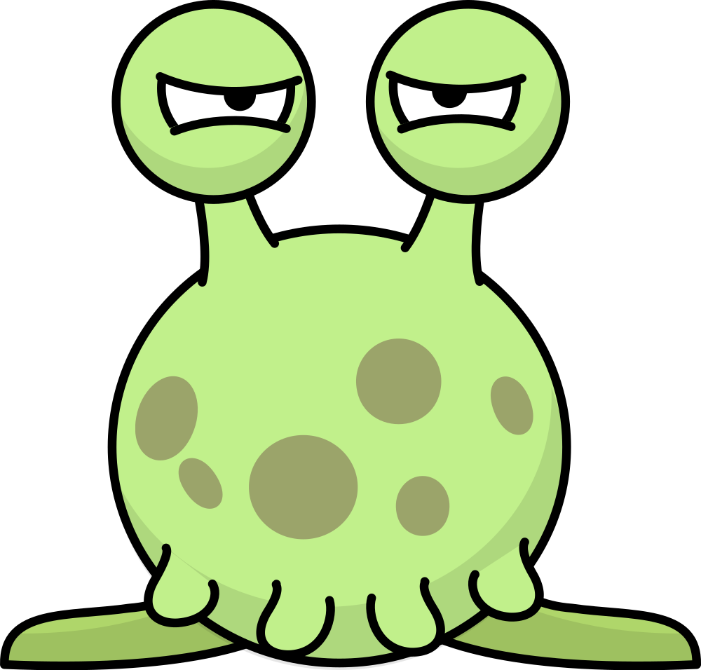 Angry green alien creature with bulging eyes, spotted body, and tentacle-like limbs on black background.