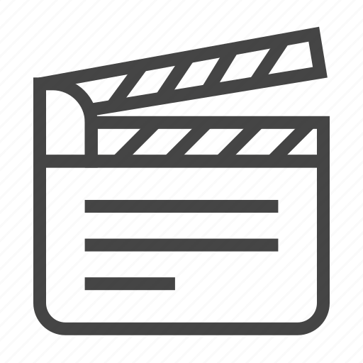Gray clapperboard icon on black diagonal striped background, symbolizing film production or video editing.