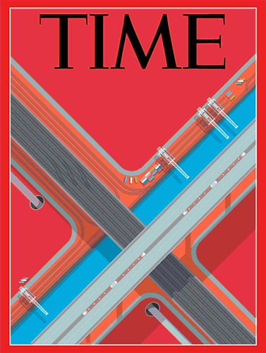 TIME magazine cover featuring an abstract intersection of roads, rails, and waterways in bold red, blue, and gray tones.