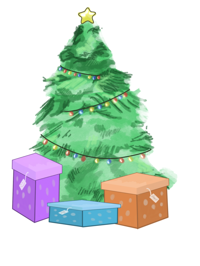 A watercolor-style Christmas tree with colorful lights and star topper, surrounded by three polka-dotted gift boxes in purple, blue, and orange.