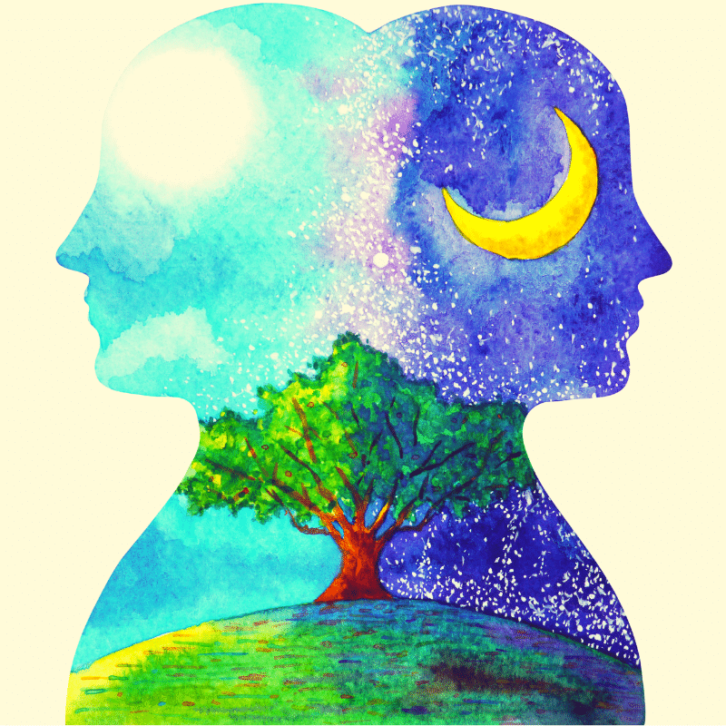 Silhouette of two facing profiles merging into a landscape with a tree, sun, and moon in watercolor style.