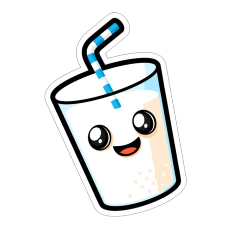 Cute kawaii-style milk drink with smiling face, blue-and-white striped straw, and bubbly texture in a clear glass.