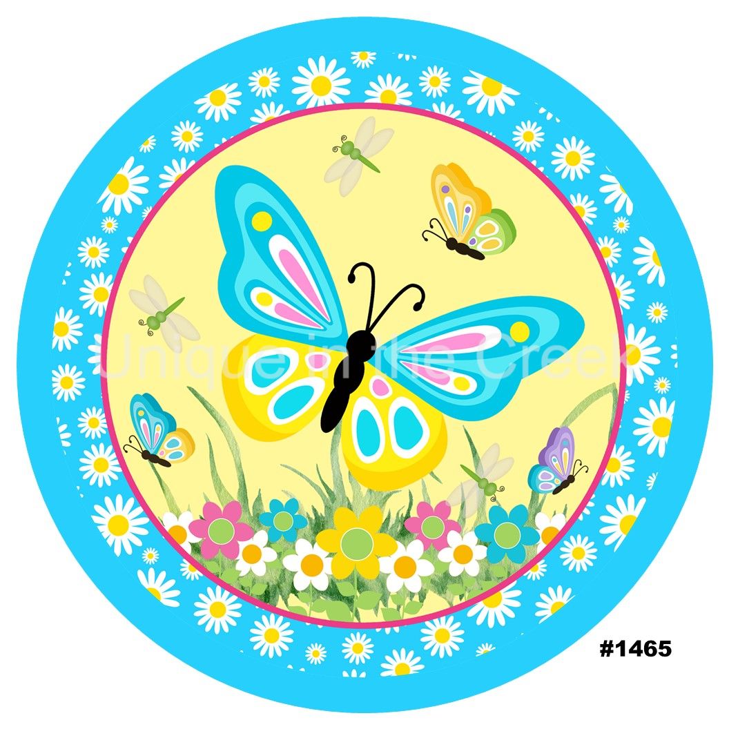 Colorful circular illustration with blue butterfly, daisies, dragonflies, and flowers on yellow background, bordered in blue.
