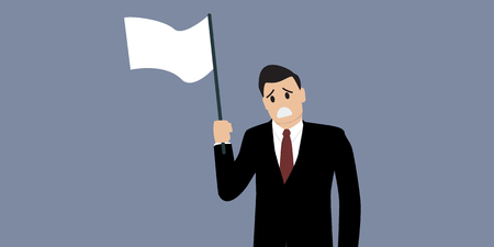 Businessman holding a white flag with a worried expression, symbolizing surrender or concession in a professional context.
