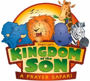 Gospel Light's Kingdom of the Son: A Prayer Safari logo featuring lion, giraffe, elephant, hippo, and zebra under a sunset.