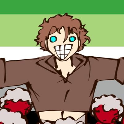 A cartoon character with wild brown hair, glowing blue eyes, and a wide grin, wearing a brown shirt, against a green-white-green striped background.