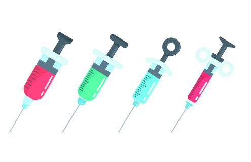 Four colorful medical syringes with red, green, cyan, and pink liquids, each featuring distinct plunger designs.