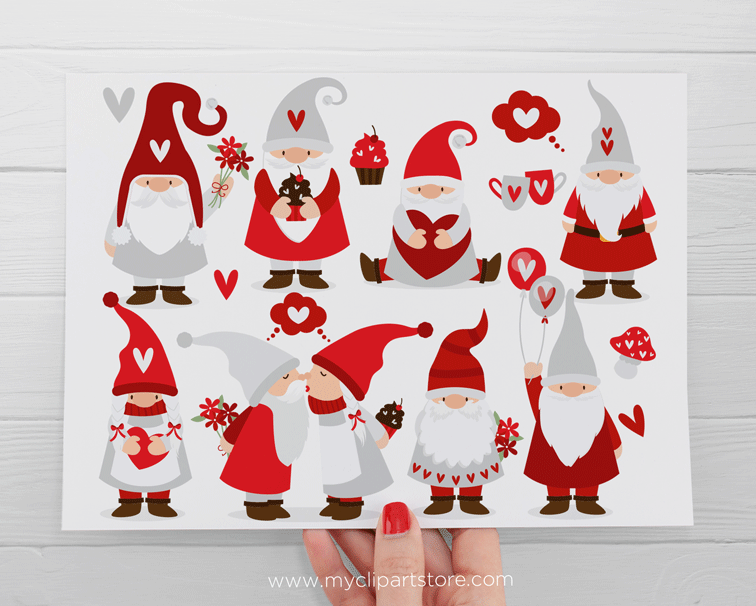 Cute Valentine’s Day gnomes in red and white outfits holding hearts, flowers, cupcakes, and balloons on a white background.