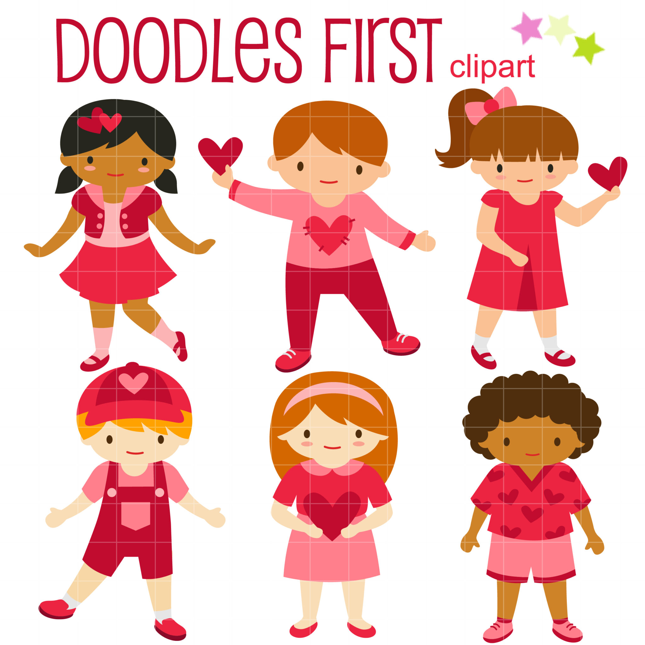 Six diverse cartoon children in red/pink Valentine’s outfits holding hearts, from Doodles First clipart collection.
