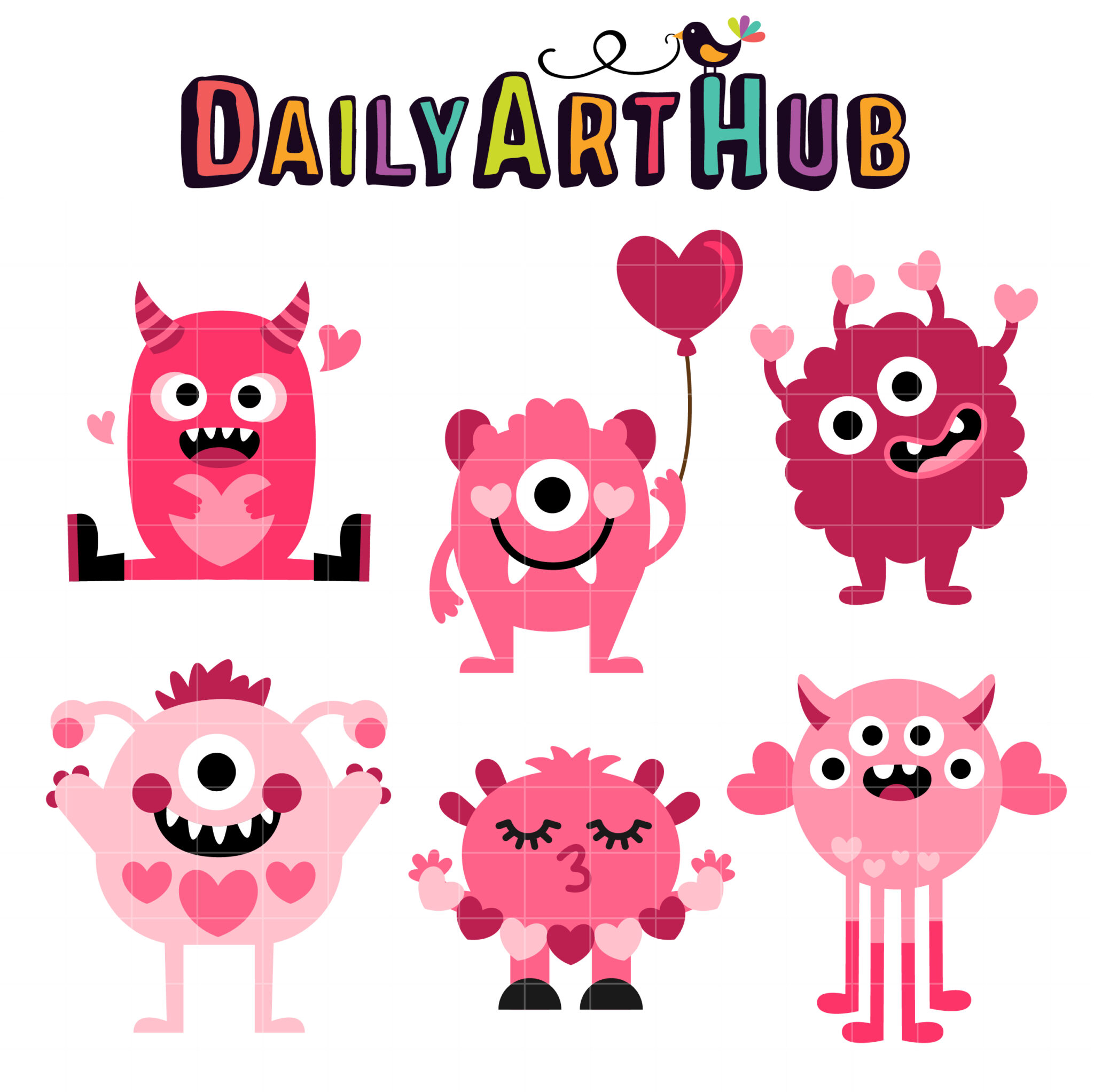 Six cute pink monster characters with hearts, balloons, and playful expressions under "Daily Art Hub" logo.