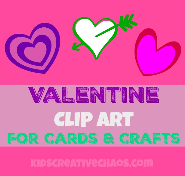Valentine clip art with three colorful hearts-purple layered, white with green arrow, and solid pink-on a pink background for crafts and cards.