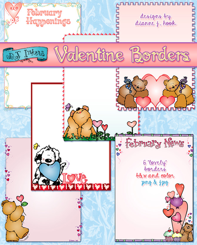 Valentine-themed decorative borders with bears, dogs, hearts, and floral motifs by Dianne J. Hook.