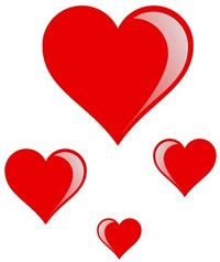 Four glossy red hearts of varying sizes arranged on a white background, symbolizing love and affection.