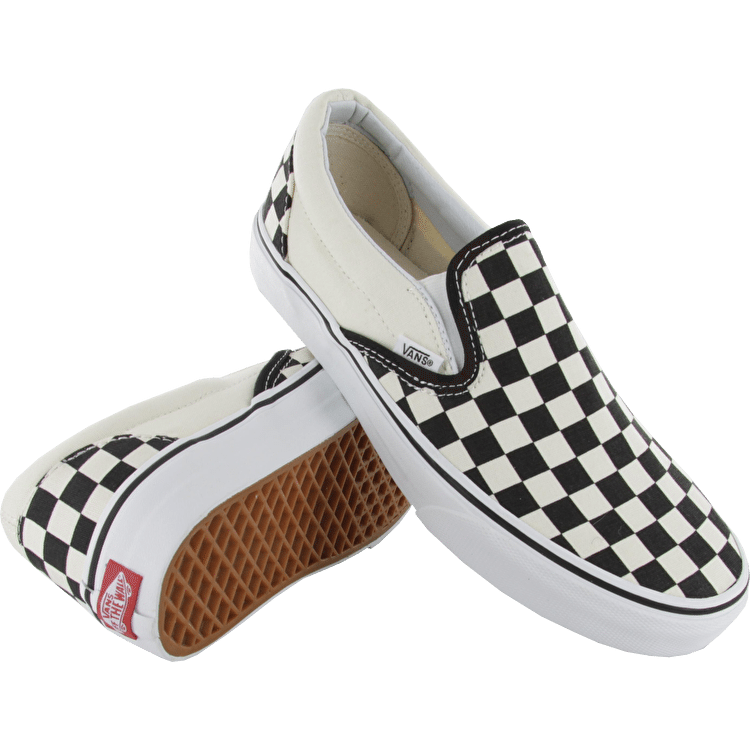Classic black-and-white checkerboard Vans slip-on sneakers with white rubber sole and gum waffle outsole.