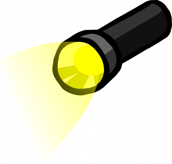 A cartoon-style black flashlight emitting a bright yellow conical beam of light against a black background.