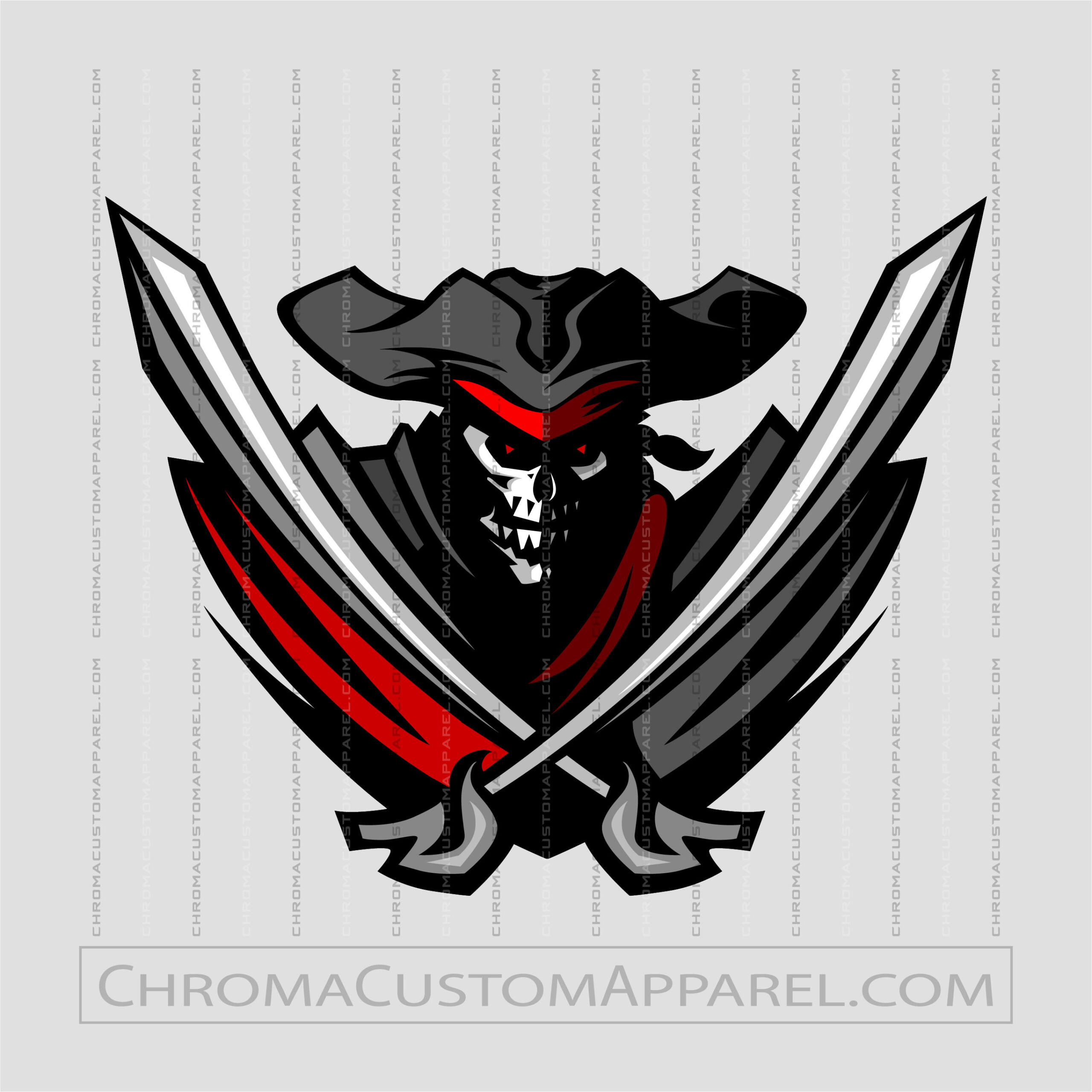 Pirate skull mascot with crossed swords, black tricorn hat, red eye patch and accents, bold vector logo design.