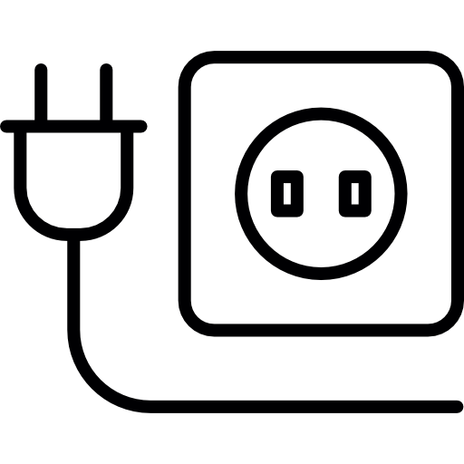 Black-and-white line icon of a two-prong electrical plug connecting to a wall outlet.