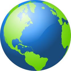 Glossy 3D globe showing Americas, oceans in blue, continents in green