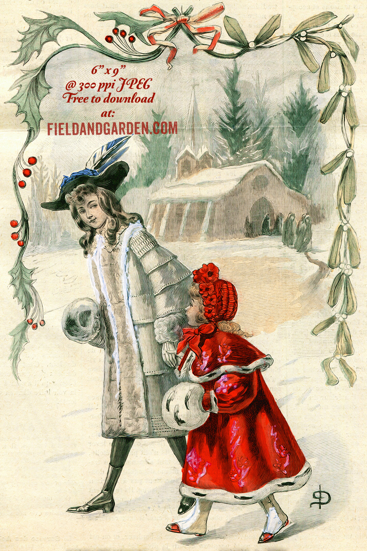 Victorian-era woman and child in winter coats walking toward a snowy church, framed by holly and mistletoe.