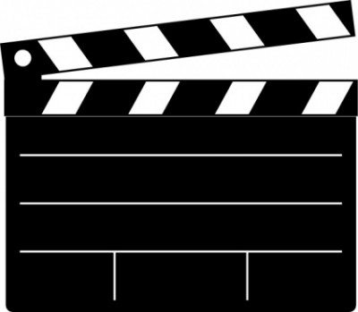 Black and white clapperboard icon with striped top and blank slate for scene information.