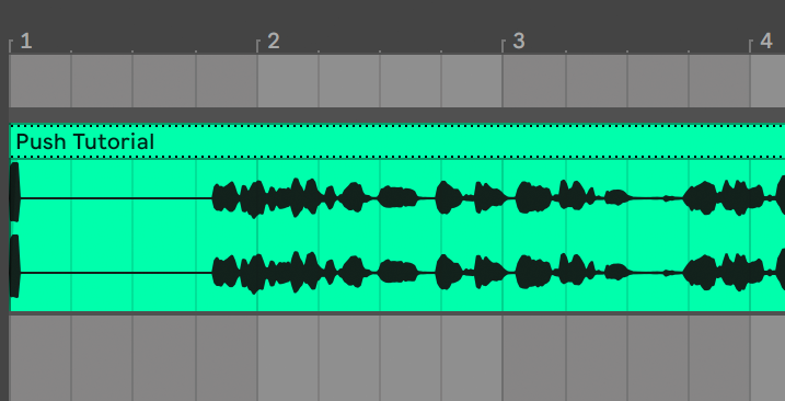 Audio waveform display in a digital audio workstation labeled "Push Tutorial", showing two stereo tracks over a timeline.
