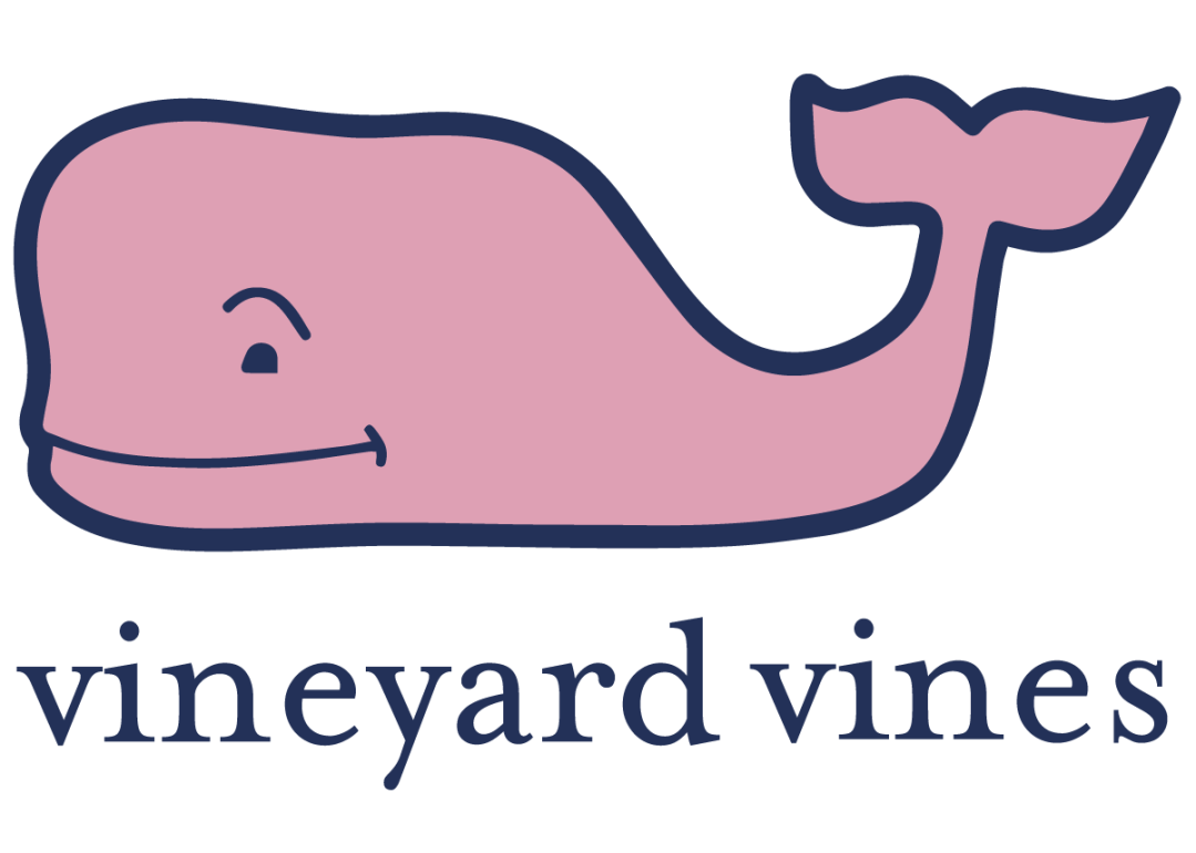 Vineyard Vines logo featuring a pink whale with navy outline and the brand name below.