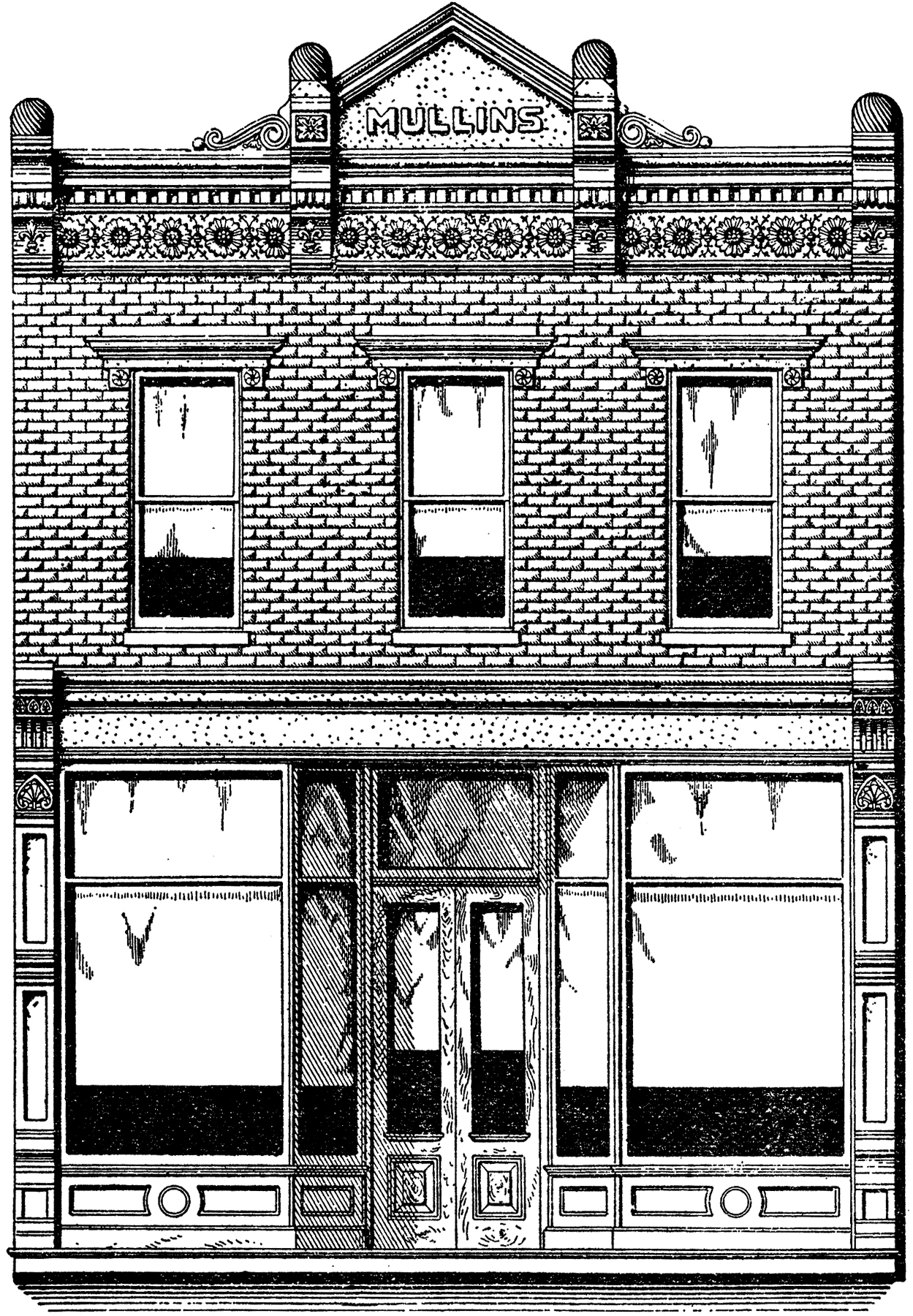 Vintage two-story brick commercial building facade with "MULLINS" signage and ornate decorative elements.