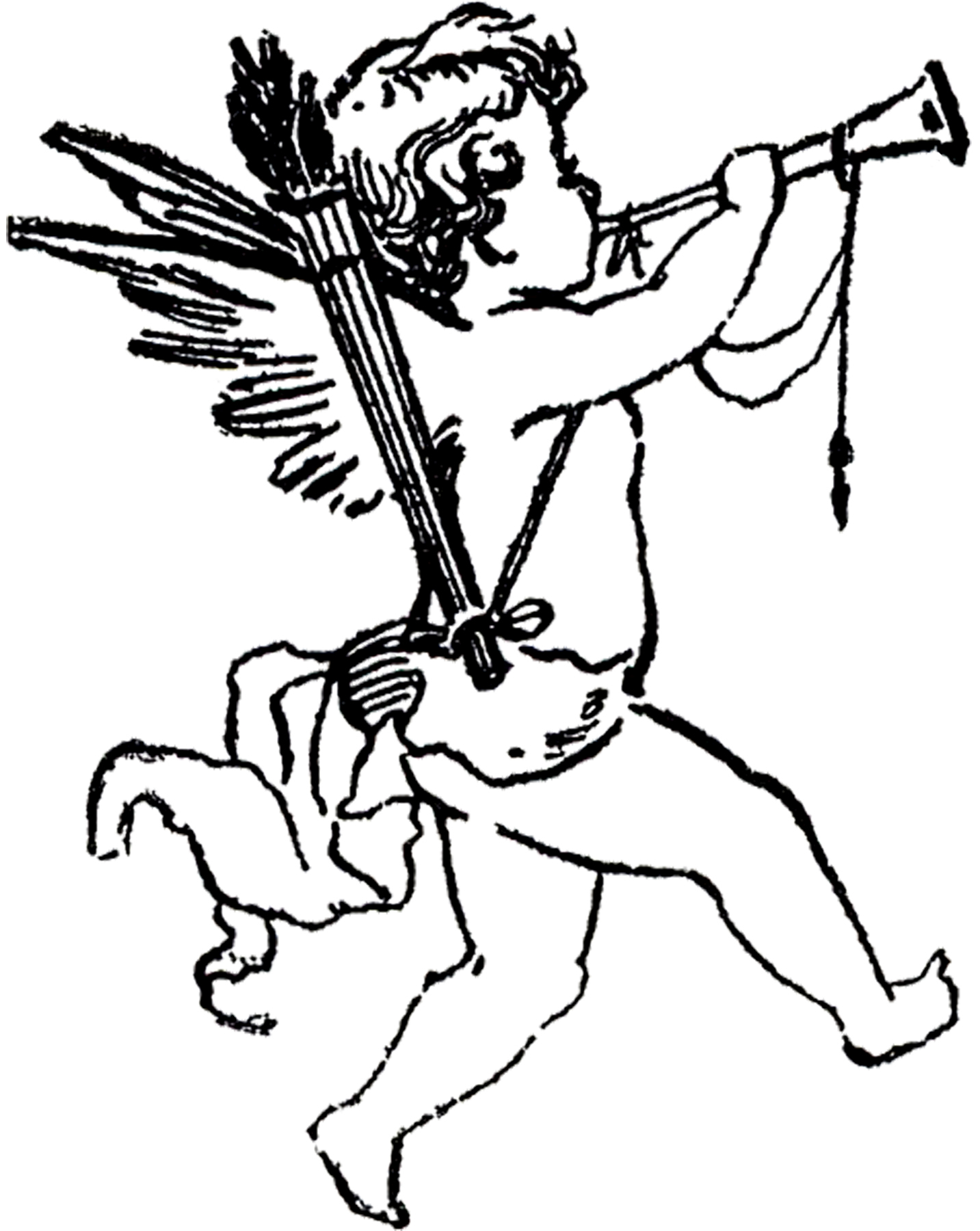 Vintage Cherub with Horn and Arrows - Classic Cupid Illustration