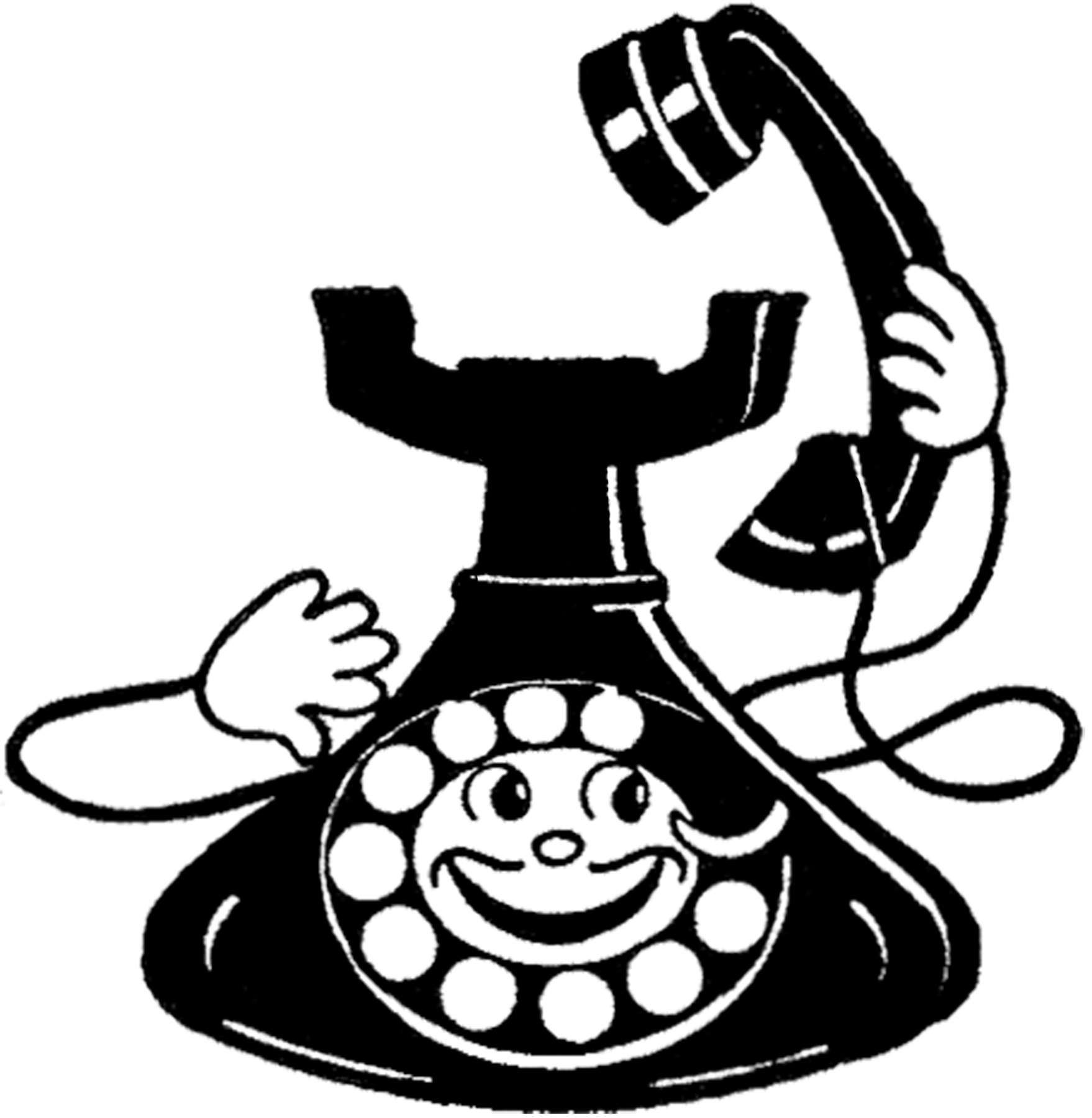 Cheerful vintage rotary phone with smiling face and waving hands, black-and-white cartoon illustration.