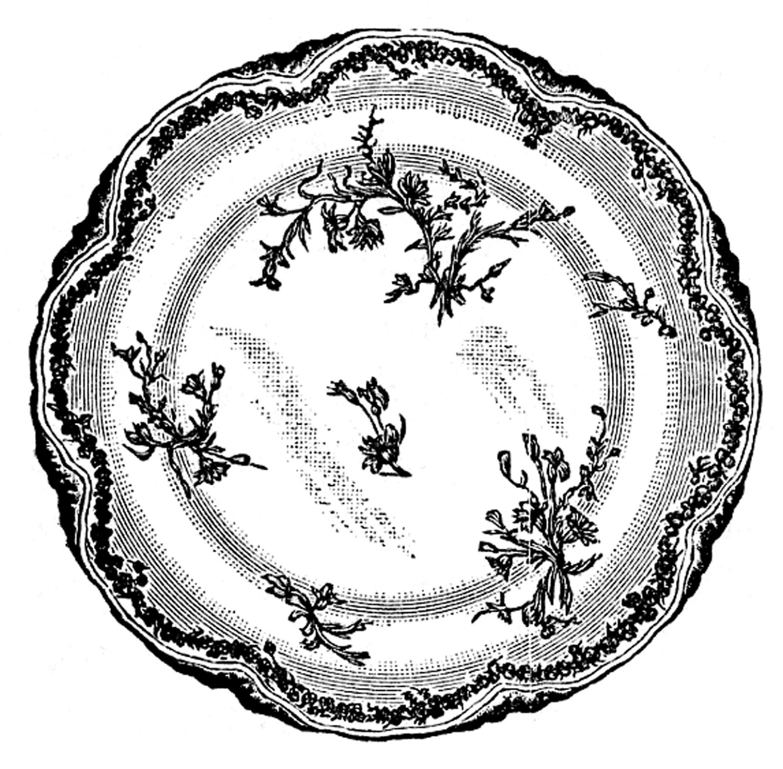 Vintage engraved plate with floral motifs, scalloped rim, and concentric decorative bands.