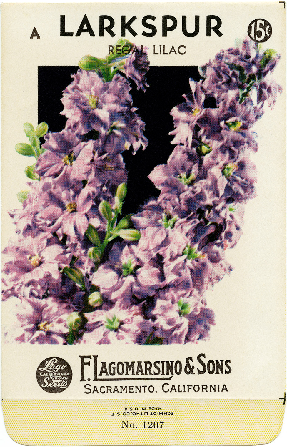 Vintage 1930s-1950s seed packet for 'Regal Lilac' Larkspur by F. Lagomarsino & Sons, Sacramento, CA, priced at 15¢.
