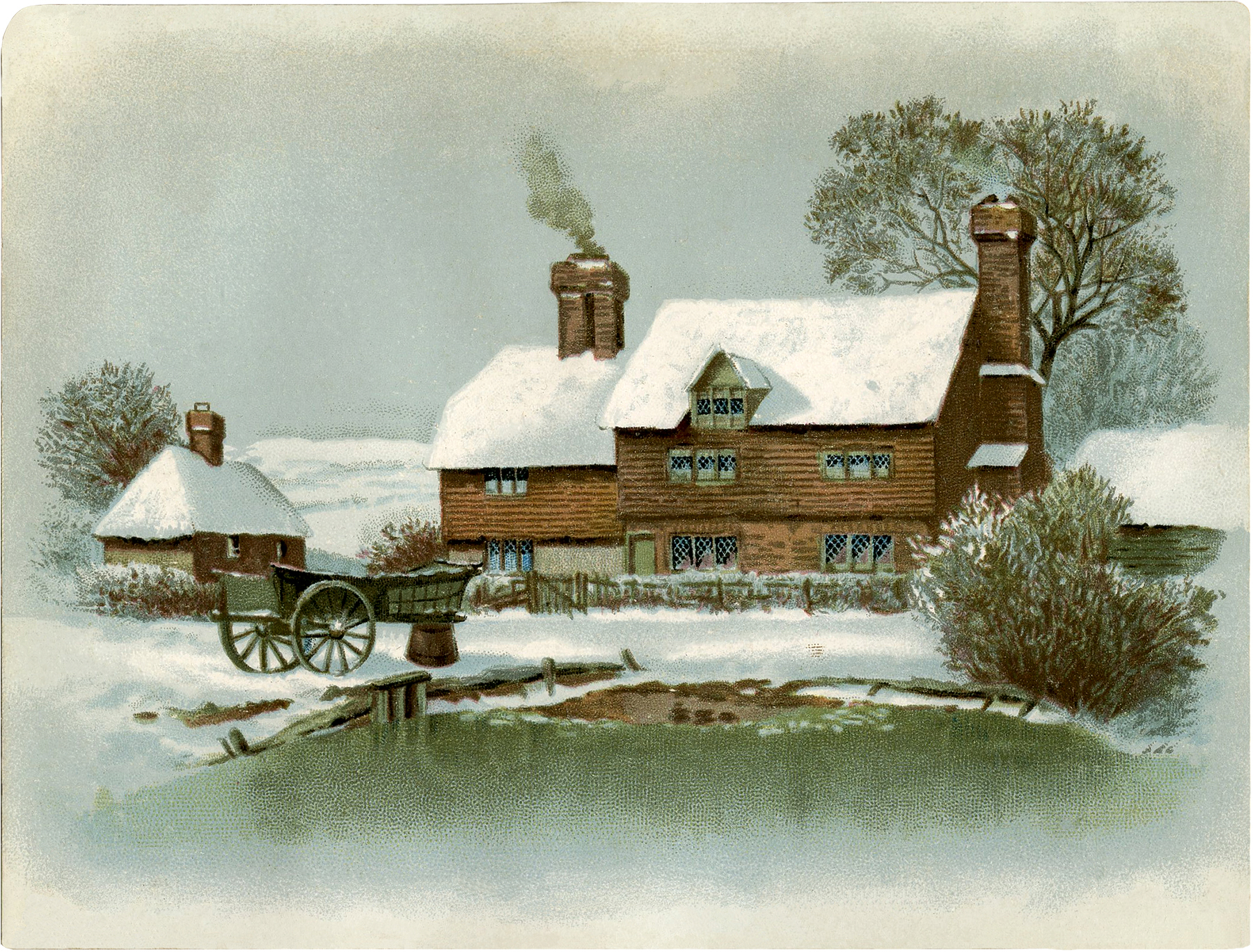 Snow-covered timber-framed cottage with smoking chimneys, cart, and frozen pond in a serene winter landscape.