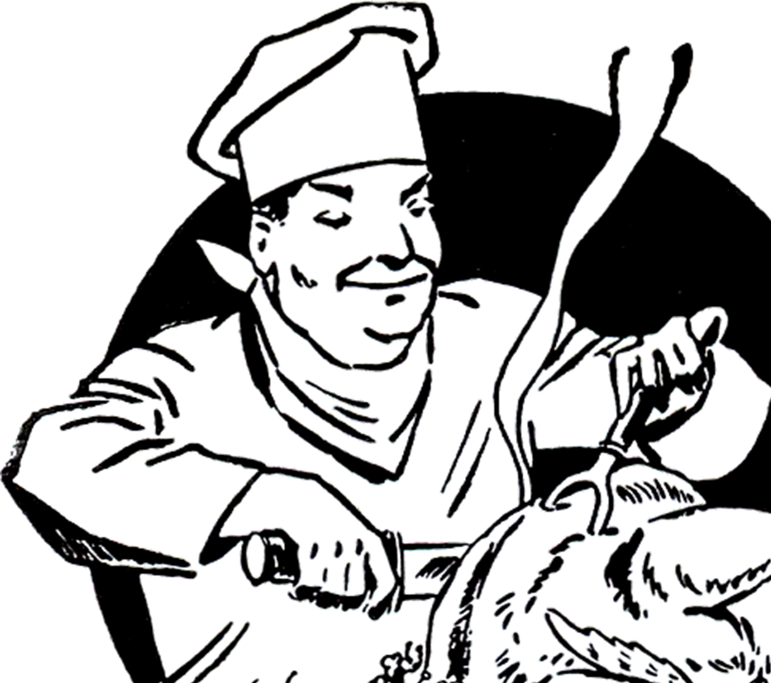 Black-and-white illustration of a smiling chef in a toque, carving a roasted bird with a knife and fork.