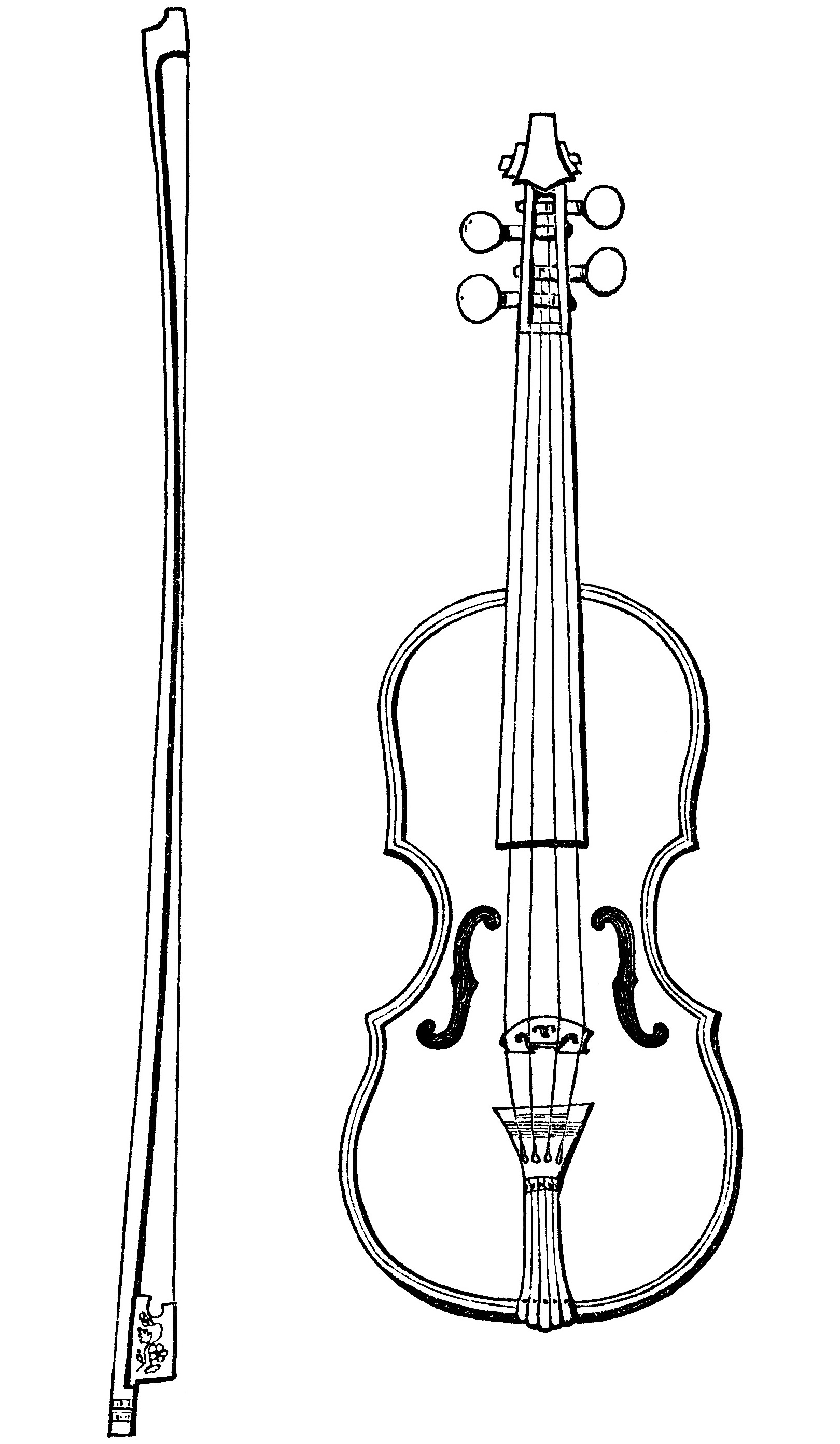 Line drawing of a violin with bow, showing f-holes, scroll, tuning pegs, and ornate frog.