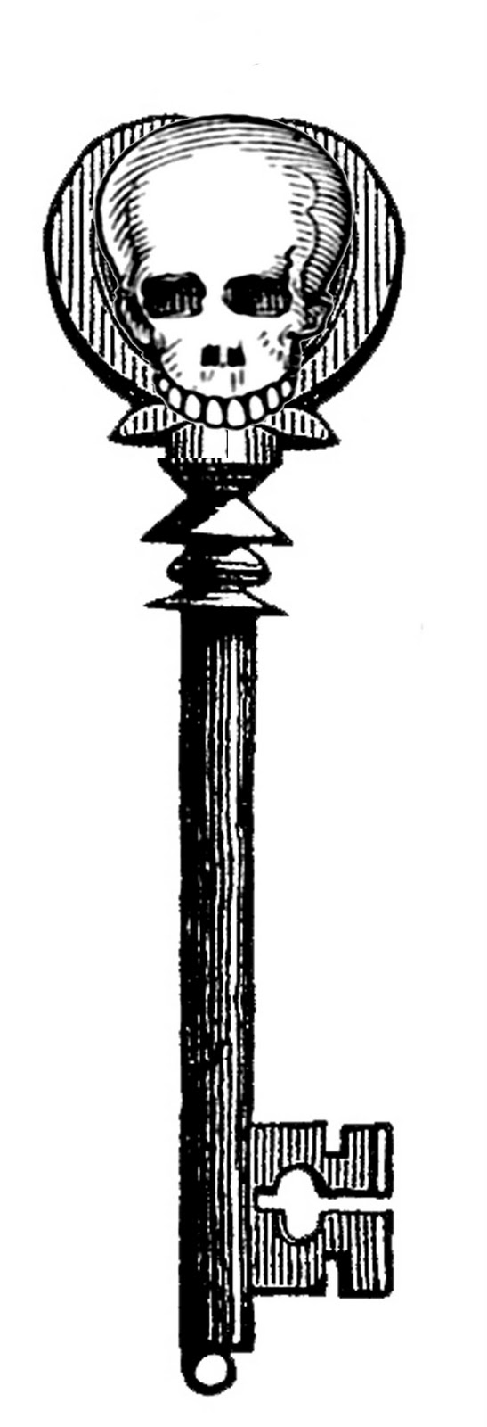 Vintage engraved key with a skull-headed bow, ornate shaft, and decorative bit-symbolic of mystery, death, or esoteric knowledge.