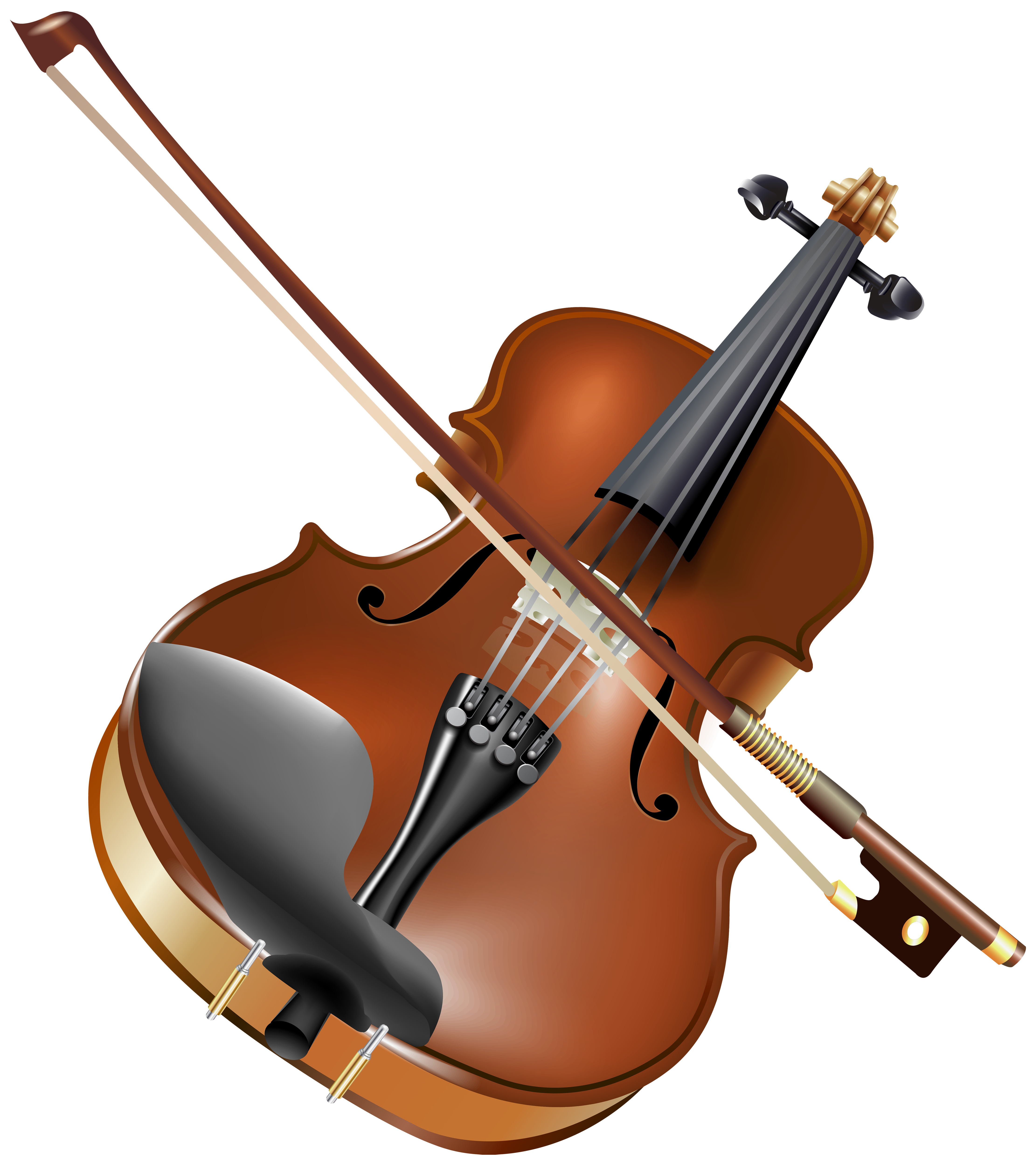 A detailed illustration of a violin with bow, chin rest, and fine tuners, shown in warm wood tones and metallic accents.