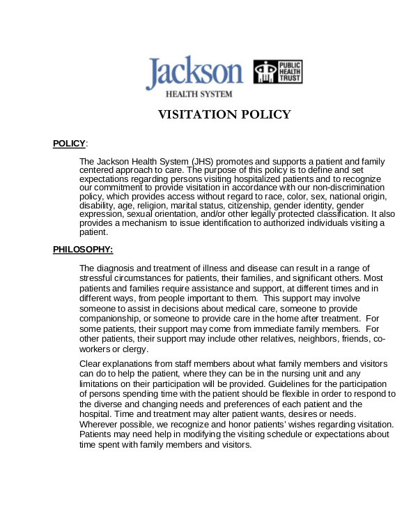 Jackson Health System Visitation Policy document with logo and policy text sections.
