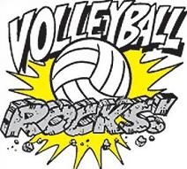 Volleyball Rocks! graphic with bold text, a white volleyball, and yellow explosive burst background.