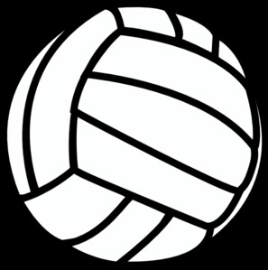 Black and white line-art illustration of a classic volleyball with paneled design.