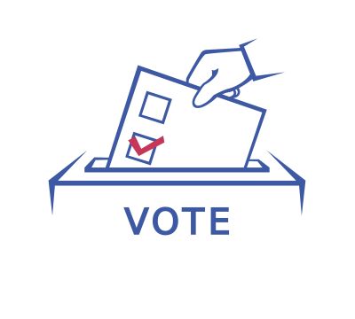 Hand placing a marked ballot into a voting box with "VOTE" label below.