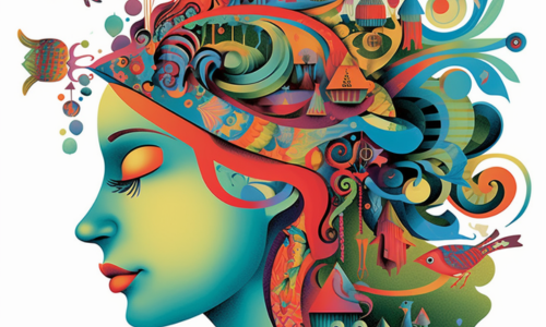 Vibrant psychedelic illustration of a woman’s profile with swirling colorful patterns, birds, and abstract shapes emerging from her head.